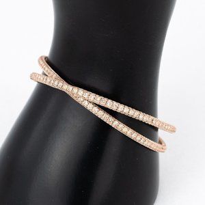 Cuff Bracelet Crossing Rose Gold Tone Mesh Over Rhinestone Memory Wire Flexible